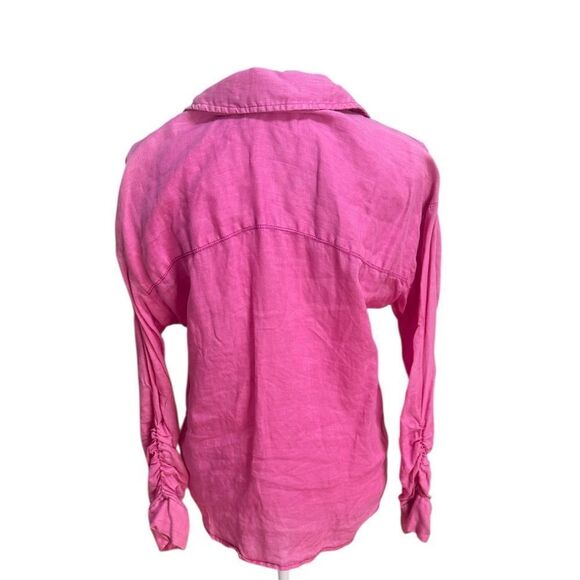 Maeve Anthropologie Linen Pink Ruched Sleeve Button Down Shirt S - Picture 5 of 8